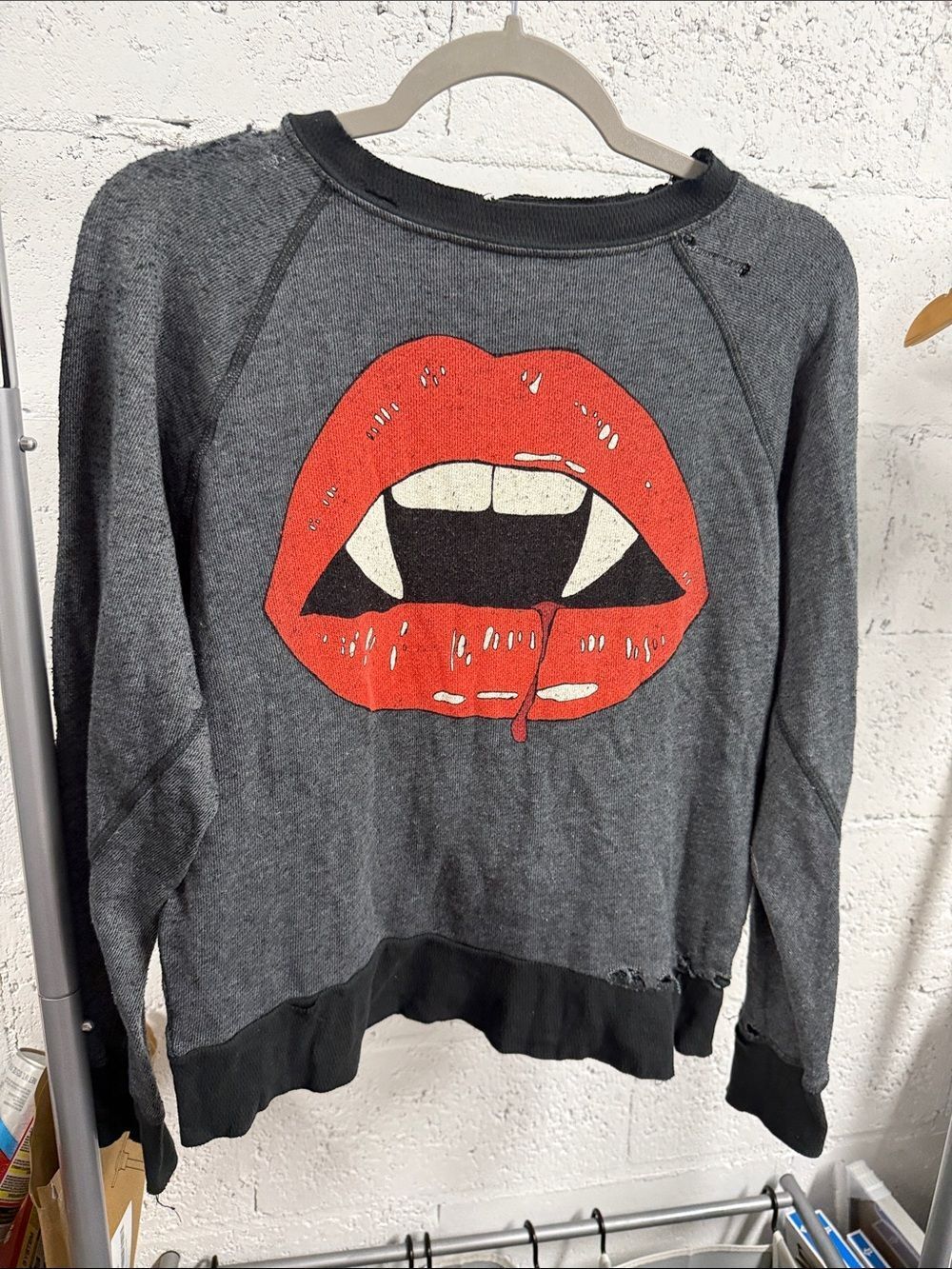 Gray Sweatshirt with Red Vampire Lips Graphic WILDFOX Size XS - LIKE NEW